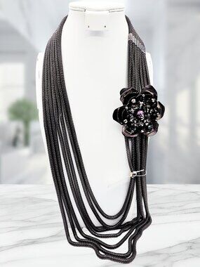 SIS Collection Gunmetal Multi Strand Necklace Crystal Flower Statement Necklace